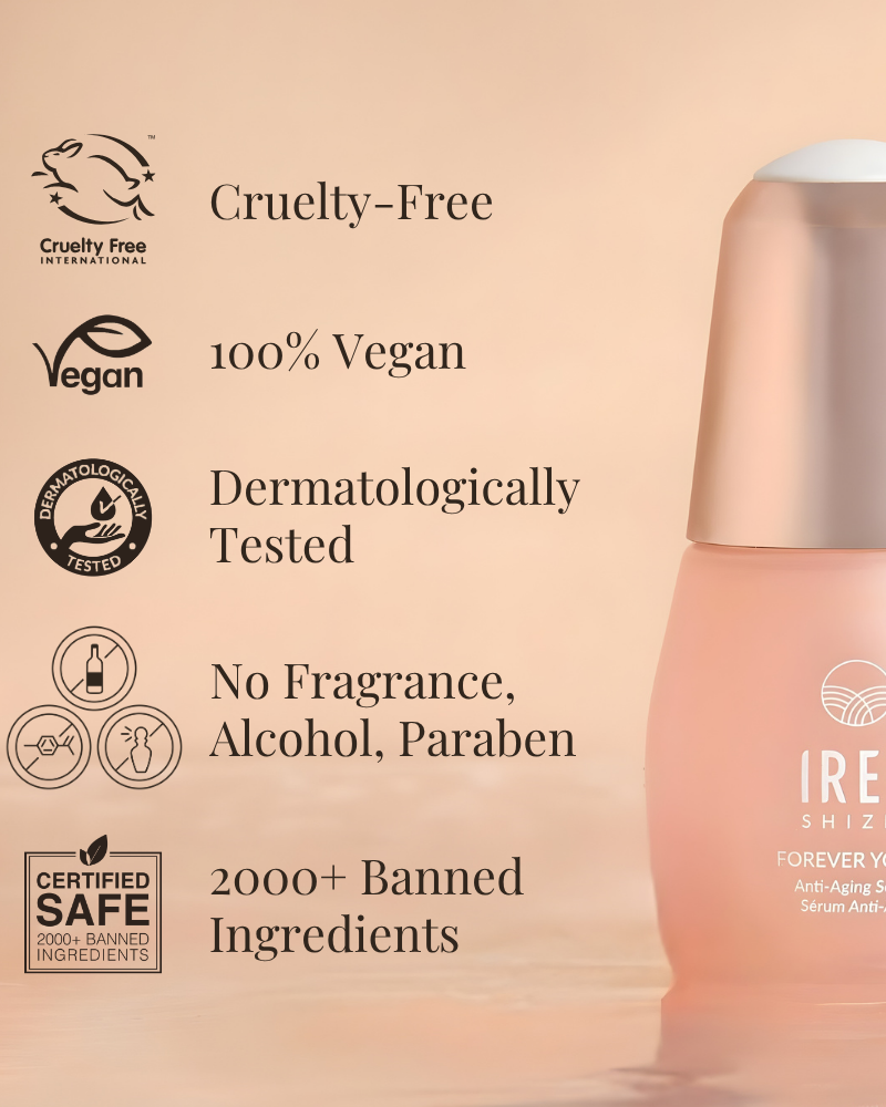 A bottle of IREN Shizen GLOW UP Anti-Aging Discovery Kit appears beside icons and text stating its benefits: cruelty-free, vegan, dermatologically tested, fragrance/alcohol/paraben free, and excludes 2000+ banned ingredients.