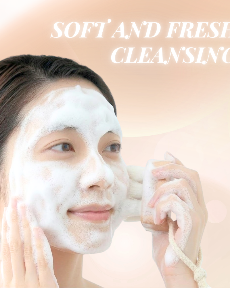 A person uses the IREN Shizen Facial Cleansing Brush with ultra-soft bristles and a foaming cleanser, while “SOFT AND FRESH CLEANSING” appears in the background.