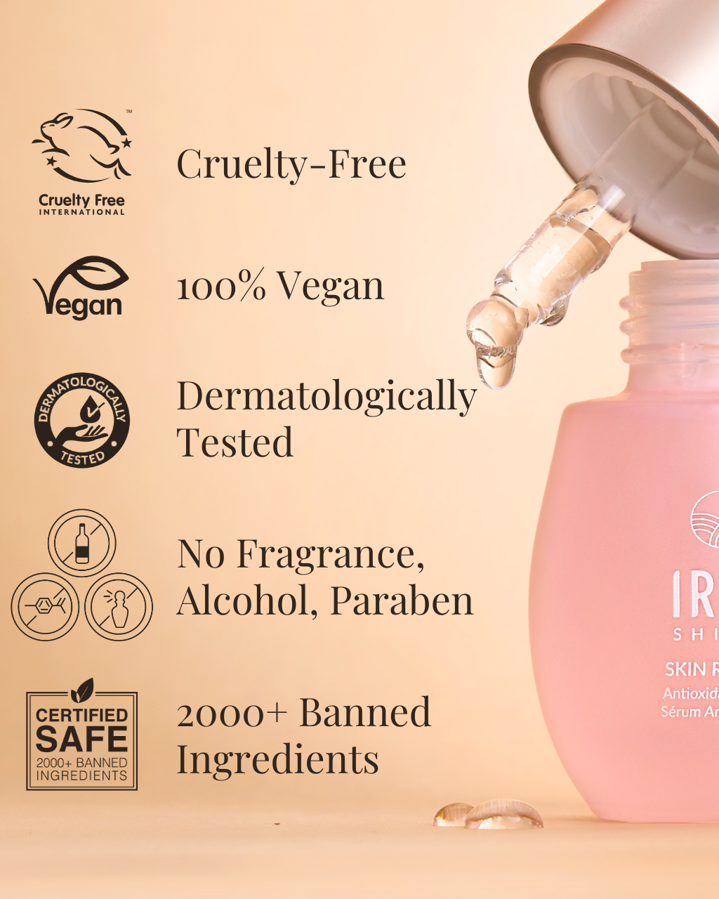 The SKIN REBOOT Antioxidant Serum by IREN Shizen, complete with a dropper, is cruelty-free, vegan, dermatologically tested, and free of fragrance, alcohol, parabens, and over 2000 banned ingredients. This antioxidant serum provides ultimate skin revitalization and protection against UV damage. #show-lang-en #all-groups
