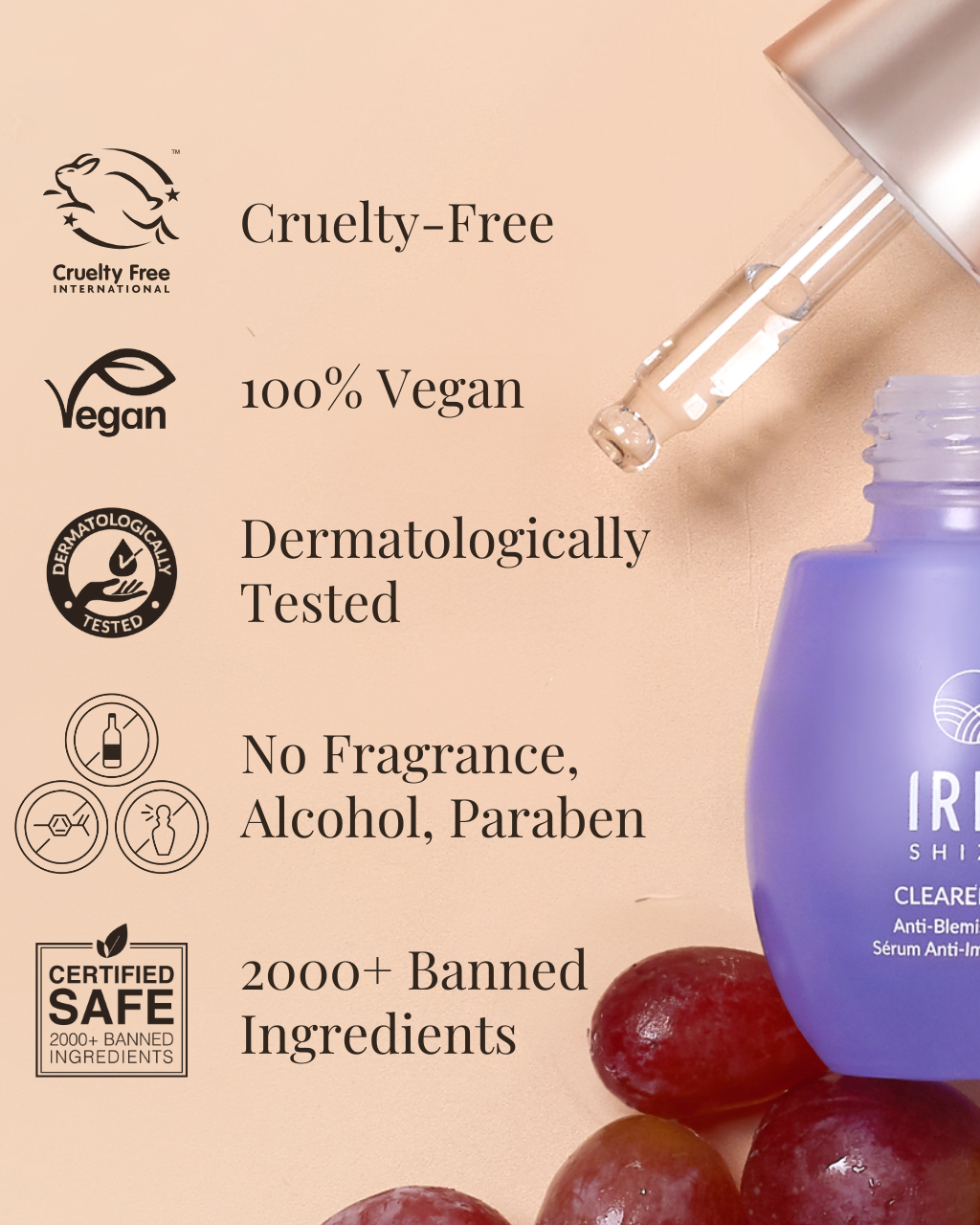 An open bottle of CLEARER DAYS Anti-Blemish Serum by IREN Shizen with a dropper. Infused with Niacinamide for effective acne treatment. Features: Cruelty-Free, 100% Vegan, Dermatologically Tested, No Fragrance, Alcohol, Paraben, and includes over 2000 banned ingredients. #all-groups #show-lang-en