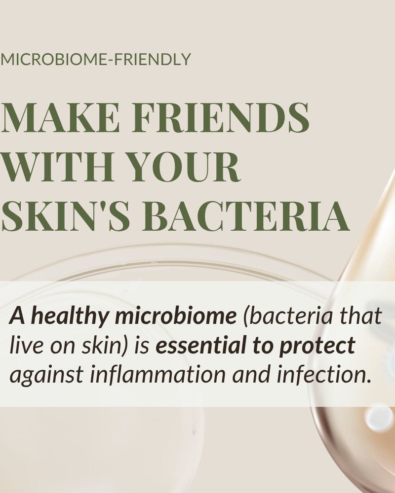 Text graphic emphasizes how IREN Shizen DROP OF DEW Moisturizing Facial Oil, enriched with prebiotics and postbiotics, supports skin microbiome health and barrier repair, protecting against inflammation and infection with abstract droplet illustrations.