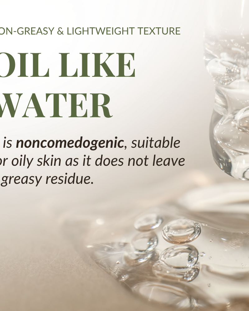 A clear liquid with bubbles is displayed on glass beside text about IREN Shizen DROP OF DEW Moisturizing Facial Oil—a non-greasy, lightweight, multi-tasking oil with prebiotics and postbiotics for oily skin and barrier repair.