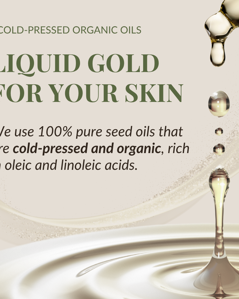 A drop of BLOOM OF YOUTH Restoring Facial Oil by IREN Shizen falls, highlighting cold-pressed organic seed oils—pure, nutrient-rich, and designed to support your skin barrier. #show-lang-en