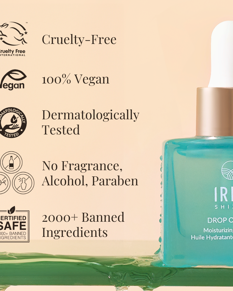 A blue bottle of IREN Shizen DROP OF DEW Moisturizing Facial Oil, emphasizing skin barrier repair, cruelty-free, vegan, dermatologically tested, fragrance/alcohol/paraben-free, free from 2000+ harmful ingredients, with prebiotics and postbiotics.
#show-lang-en