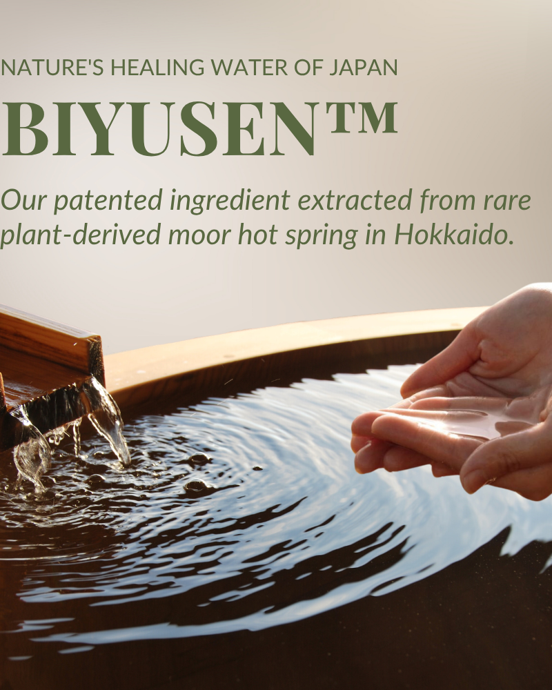 A person dips hands into water, with text promoting SKIN REBOOT Antioxidant Serum by IREN Shizen, featuring a patented ingredient and pomegranate extract from a Hokkaido hot spring to help reduce dark circles. #show-lang-en