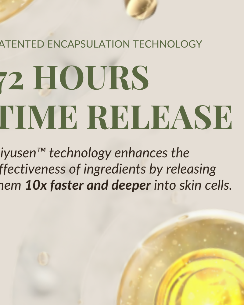 Text reads: "STAR LIGHT Brightening Serum by IREN Shizen uses Biyusen technology for 72-hour time release, delivering ingredients 10x faster and deeper to target dark spots and hyperpigmentation." Gold serum capsules shown in background. #show-lang-en