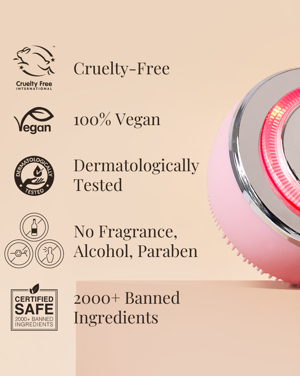 The CLEARER DAYS Anti-Blemish Serum by IREN Shizen is a pink skincare device with glowing red light, designed for acne treatment. The product packaging includes text and logos indicating it is cruelty-free, vegan, dermatologist tested, fragrance-free, alcohol-free, paraben-free, and contains 2000+ banned ingredients. #show-lang-en