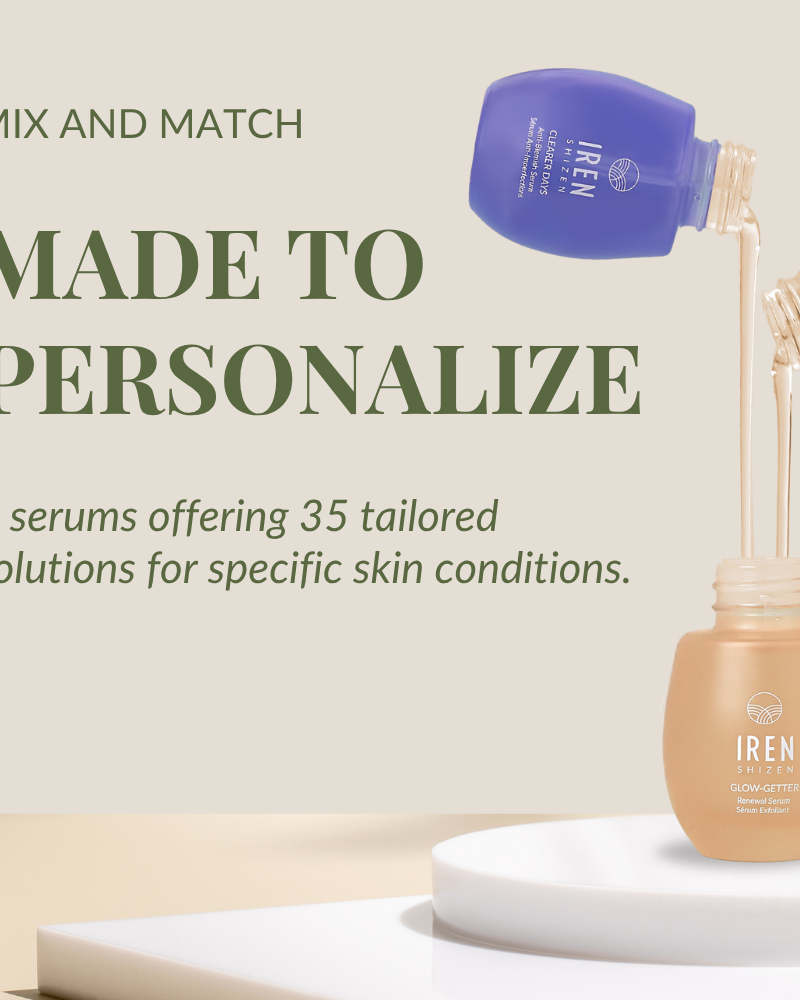 Two serum bottles, one purple and one green, pour liquid into a tan bottle on a white platform. Text promotes IREN Shizen's STAR LIGHT Brightening Serum for dark spots and hyperpigmentation. #show-lang-en