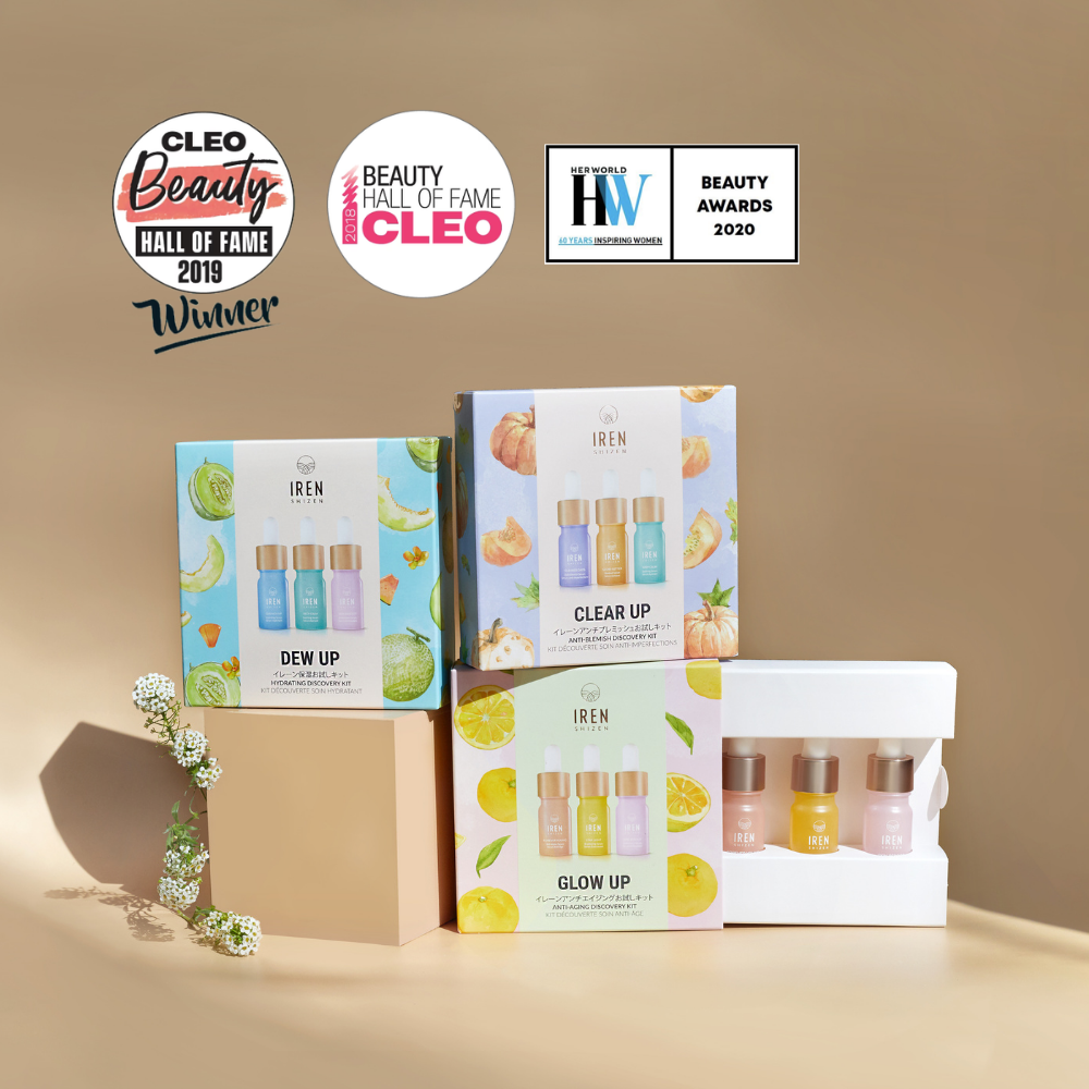 The CLEAR UP Anti-Blemish Discovery Kit from IREN Shizen, featuring fruit-inspired design for a clear complexion, is displayed with Cleo Beauty 2019, Cleo Beauty Hall of Fame, and Her World Beauty Awards 2020 badges.