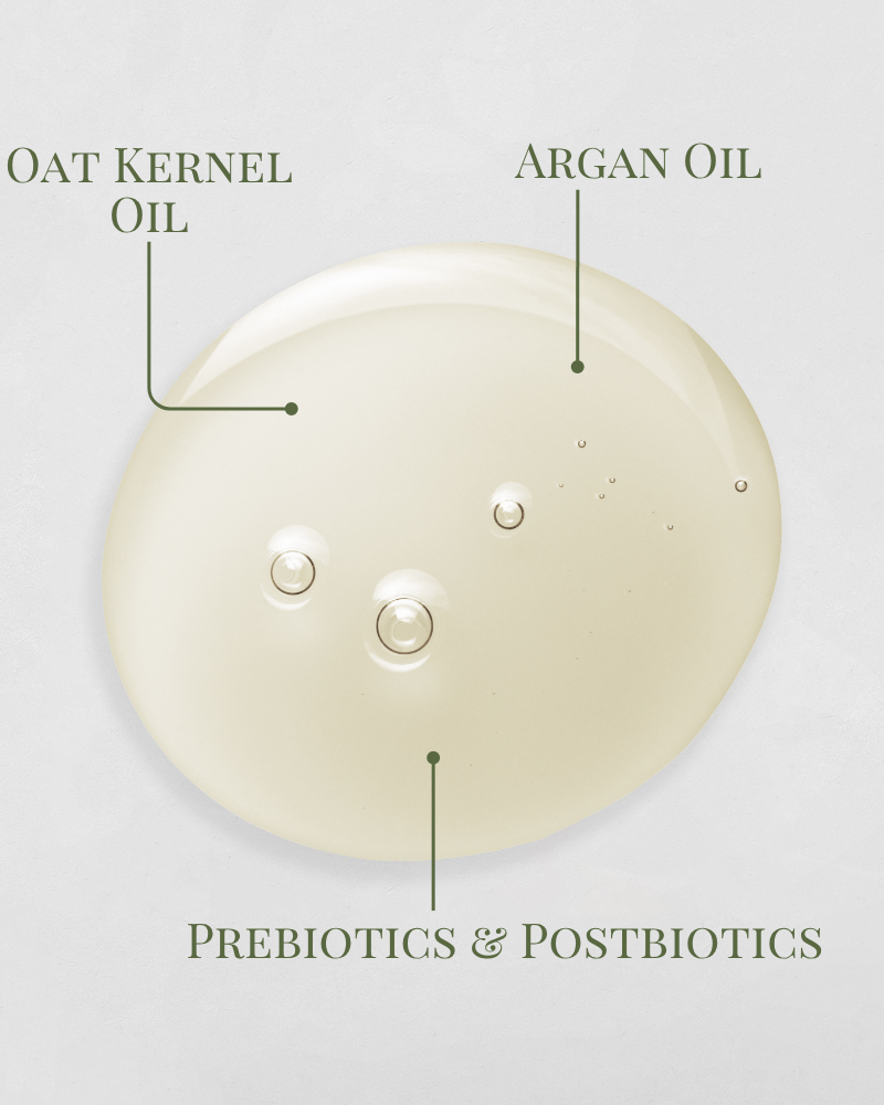 A drop of IREN Shizen’s DROP OF DEW Moisturizing Facial Oil, enriched with oat kernel and argan oils, showcases its multi-benefit formula with prebiotics and postbiotics, highlighted on a light background.