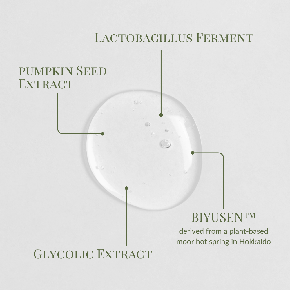 Iren Shizen’s GLOW-GETTER Renewal Serum features a clear gel with Lactobacillus ferment, pumpkin seed extract, glycolic extract, and BIYUSEN™ from Hokkaido to exfoliate skin and reduce blackheads. #show-lang-en