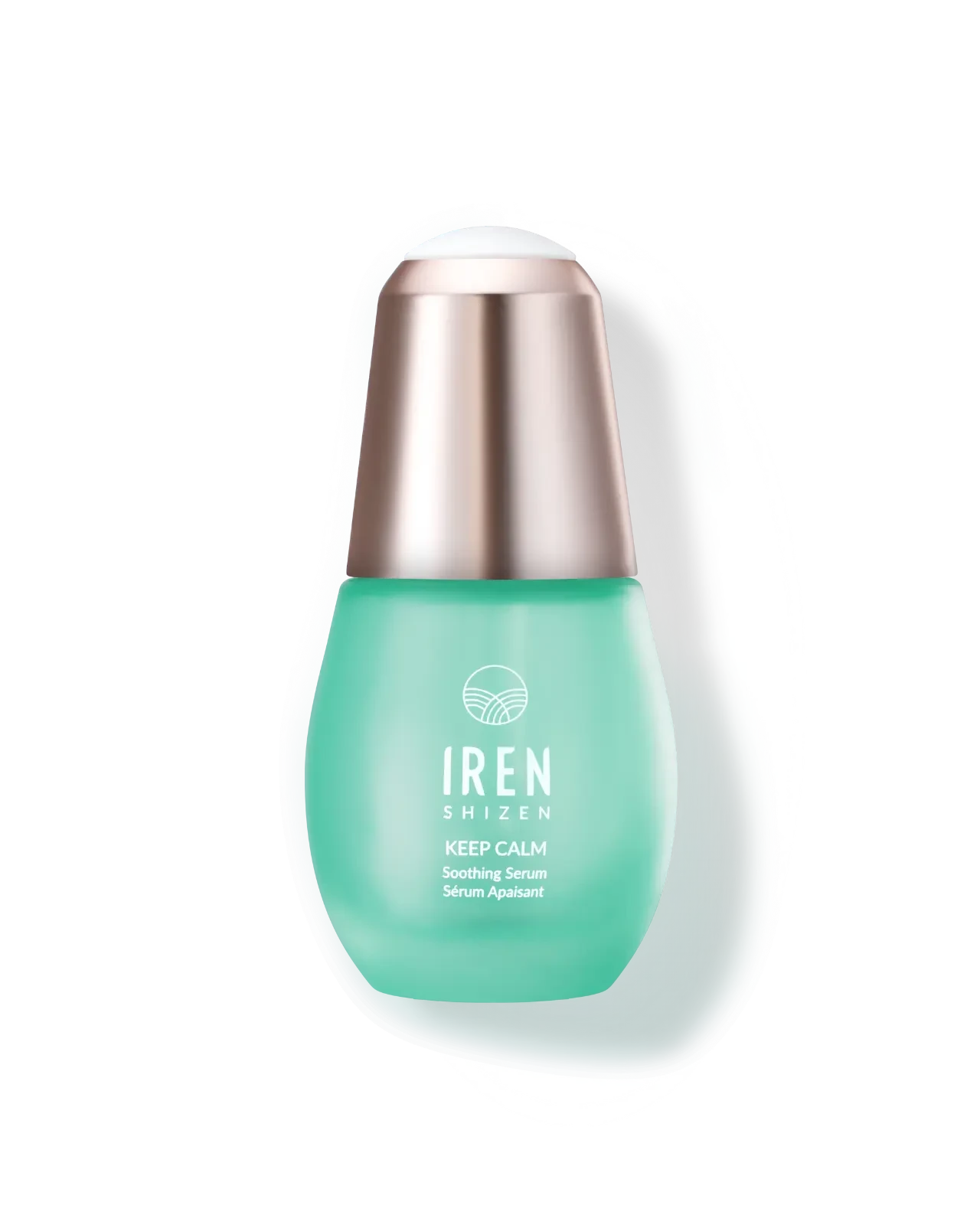 A bottle of IREN Shizen's customised KEEP CALM Soothing Serum on a white background.