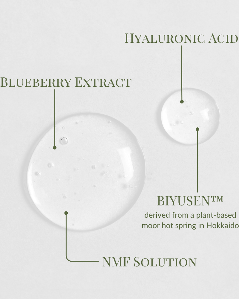 Clear gel droplets of QUENCH-UP Hydrating Serum by IREN Shizen on a white surface, featuring Blueberry Extract, Hyaluronic Acid, and BIYUSEN™ NMF Solution from Hokkaido moor hot spring for plump, hydrated skin. #show-lang-en