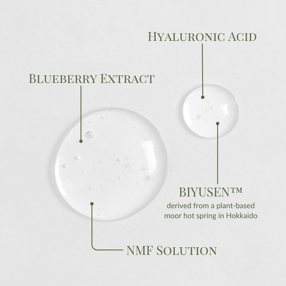 Clear gel droplets of QUENCH-UP Hydrating Serum by IREN Shizen on a white surface, featuring Blueberry Extract, Hyaluronic Acid, and BIYUSEN™ NMF Solution from Hokkaido moor hot spring for plump, hydrated skin. #show-lang-en