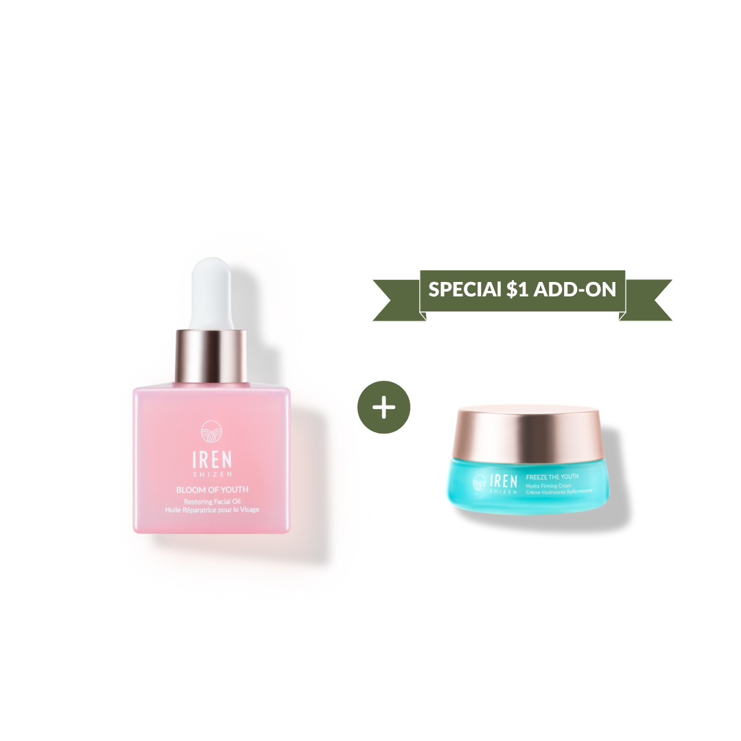 A pink glass bottle of collagen-boosting facial oil with a dropper, a teal jar of firming peptide cream, and a green ribbon graphic reading “SPECIAL $1 ADD-ON” for the TIME REBOUND Lift and Firm Kit.