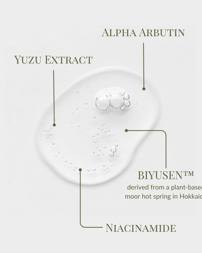 Clear gel with bubbles, STAR LIGHT Brightening Serum by IREN Shizen features Yuzu Extract, Alpha Arbutin, BIYUSEN™ (from Hokkaido hot spring), and Niacinamide—your brightening solution for dark spots and hyperpigmentation. #show-lang-en