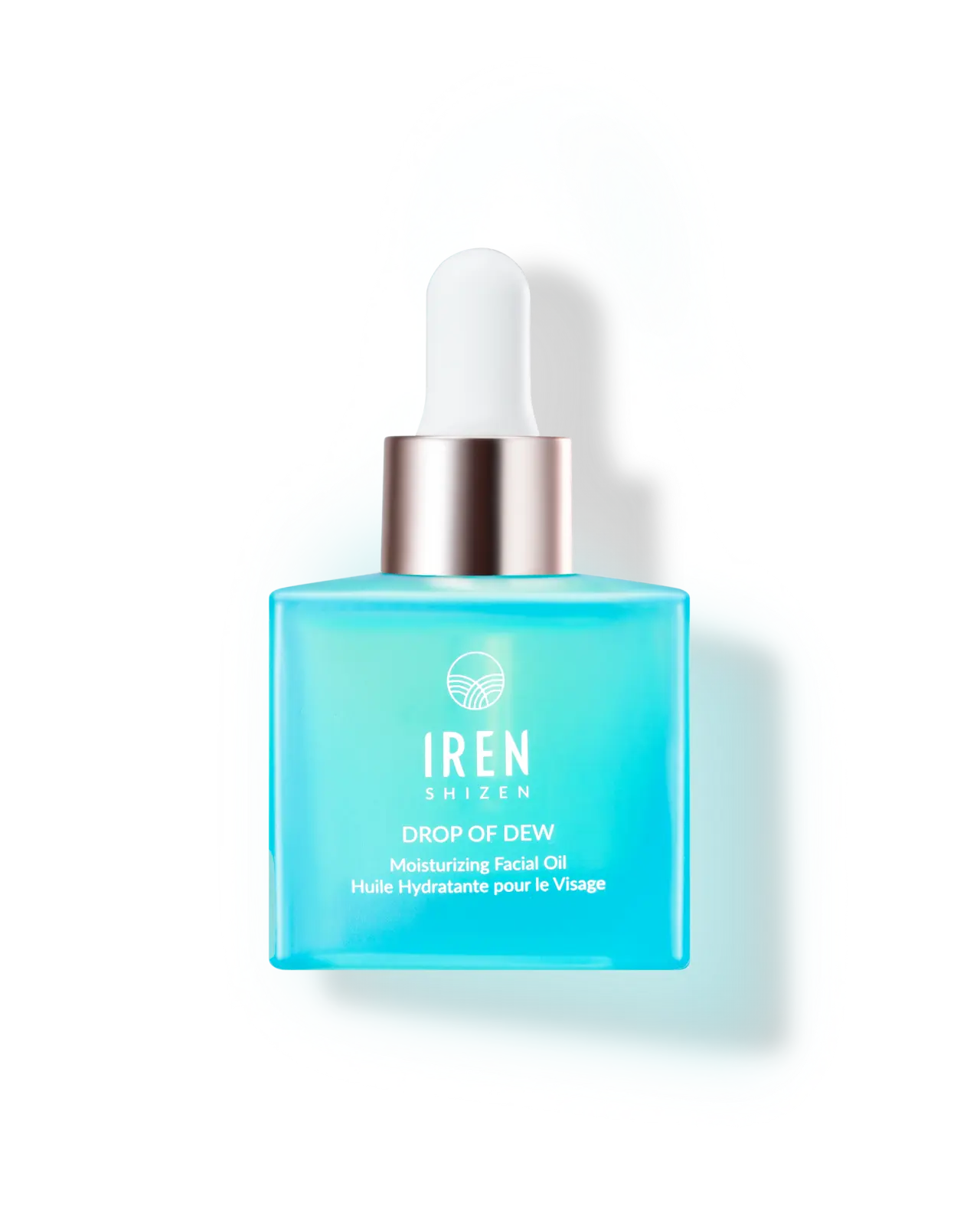 A bottle of custom DROP OF DEW Japanese skincare by IREN Shizen on a black background.