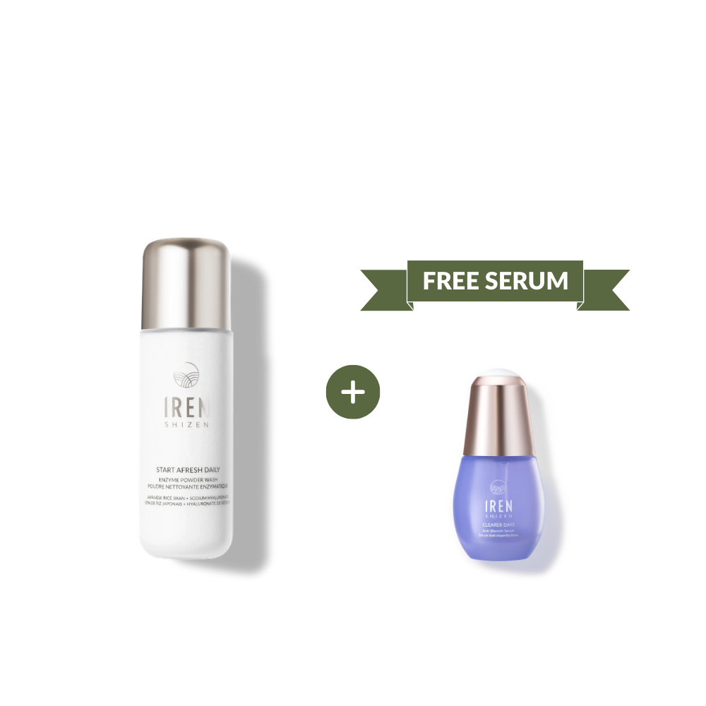 On the left is a white bottle from Fast Bundle’s FRESH AND CLEAR Cleansing Kit, with a smaller purple “Free Serum” bottle on the right—both set against a plain white background. This duo offers targeted anti-blemish care for your skincare routine.