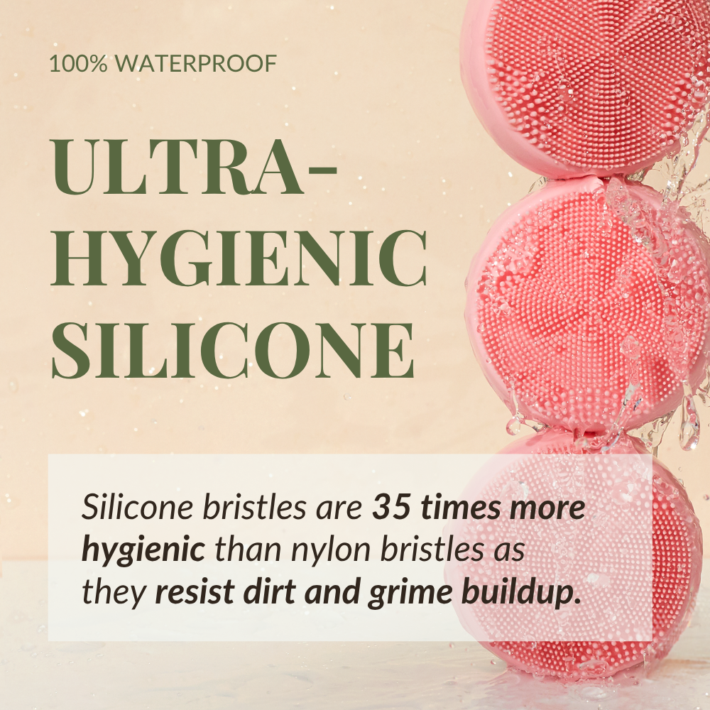Three pink SKIN GENIE PRO Cleansing Brush + LED Light Therapy tools by IREN Shizen, stacked vertically, emphasize their ultra-hygienic, waterproof, and dirt-resistant silicone—ideal for any facial cleansing routine.