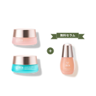The MOISTURE SANDWICH Skincare Kit by IREN Shizen features two colorful jars and a pink "FREE SERUM" bottle on a white background—ideal for boosting hydration and enhancing serum absorption.  #show-lang-ja #all-groups