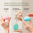 Achieve glowing skin with the IREN Shizen MOISTURE SANDWICH Skincare Kit: hydrate with water cream, layer serum, then seal with antioxidant cream. Each product is displayed on a hand with a swatch.