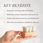 A hand holds the IREN Shizen Facial Cleansing Brush with ultra-soft bristles; text highlights benefits like gentle cleanse, deep cleaning, impurity removal, and daily use suitability.