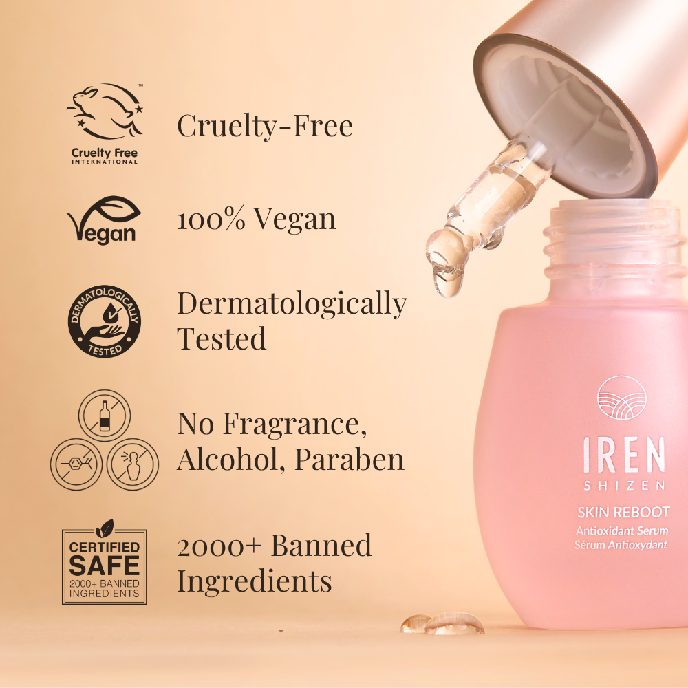 The SKIN REBOOT Antioxidant Serum by IREN Shizen comes in a pink bottle with dropper, features pomegranate extract, reduces dark circles, is cruelty-free, vegan, dermatologically tested, fragrance/alcohol/paraben-free, and bans 2000+ ingredients.
#show-lang-en