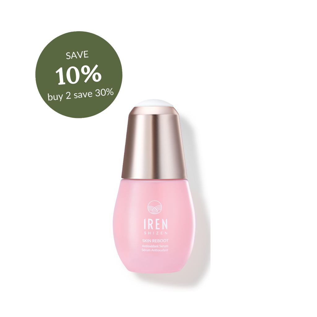 Pink bottle of SKIN REBOOT Antioxidant Serum with a metallic cap, featuring a promotional tag offering a discount of up to 30% on multiple purchases.