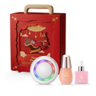 The CUSTOM XMAS For Special Ones Multi-Lift & Treat Gift Set by IREN Shizen is a festive red gift box, ideal for Christmas, featuring the innovative round Skin Genie Pro device for LED light therapy and two skincare bottles, one with a dropper.