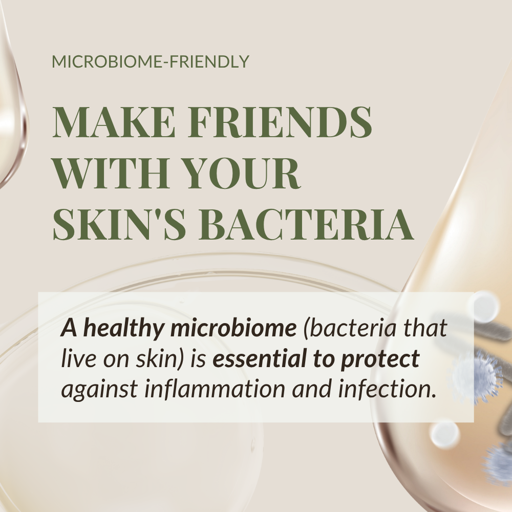 A graphic for IREN Shizen BLOOM OF YOUTH Restoring Facial Oil shows how prebiotics and postbiotics help protect the skin microbiome and barrier, guarding against inflammation and infection. Design features two droplets with microbial imagery.