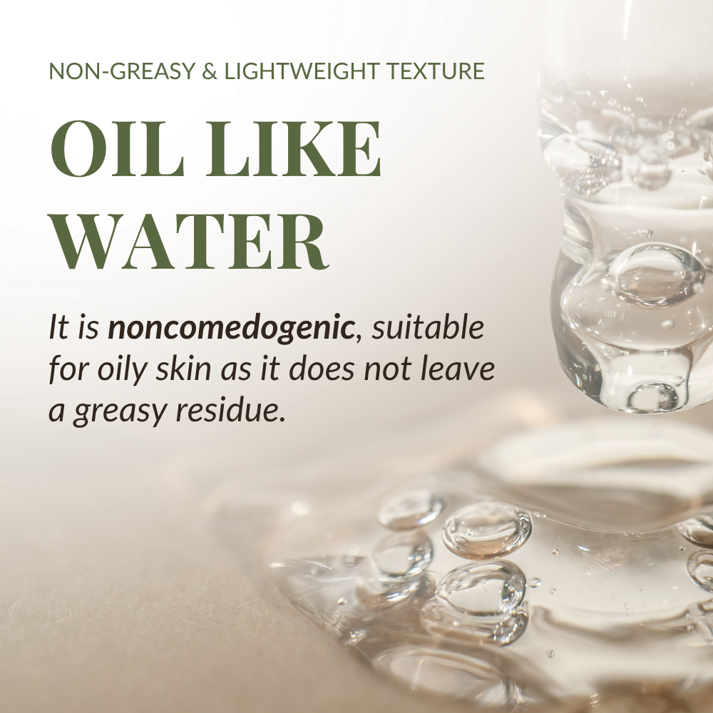 A clear liquid with bubbles is displayed on glass beside text about IREN Shizen DROP OF DEW Moisturizing Facial Oil—a non-greasy, lightweight, multi-tasking oil with prebiotics and postbiotics for oily skin and barrier repair.