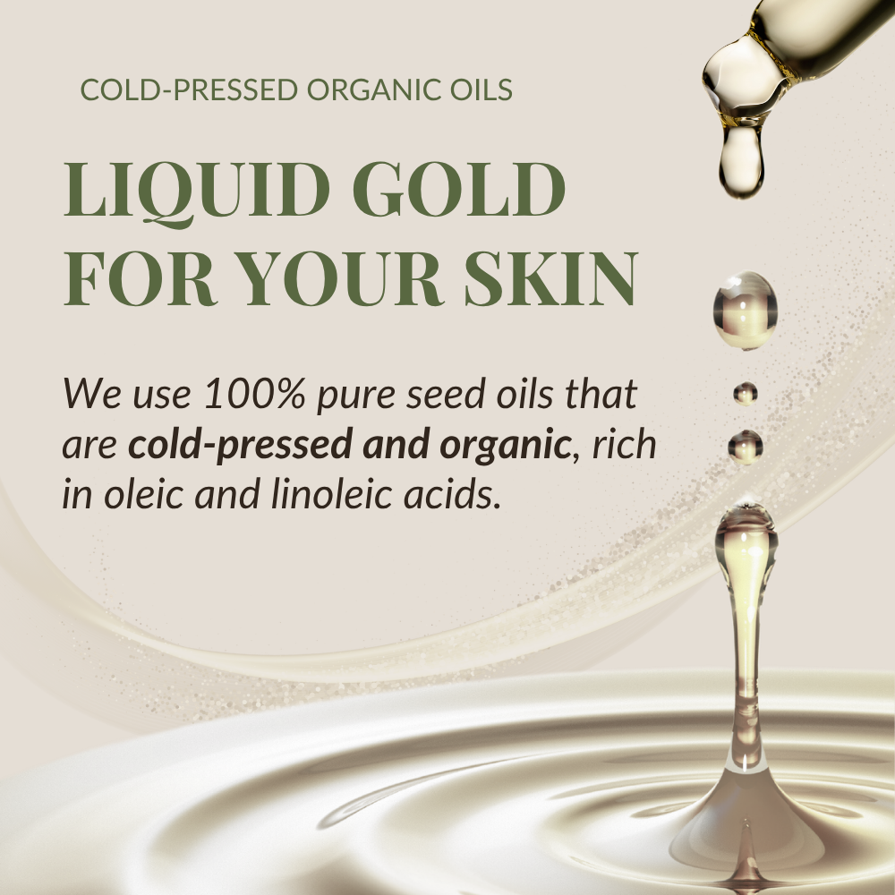 A drop of BLOOM OF YOUTH Restoring Facial Oil by IREN Shizen falls, highlighting cold-pressed organic seed oils—pure, nutrient-rich, and designed to support your skin barrier.