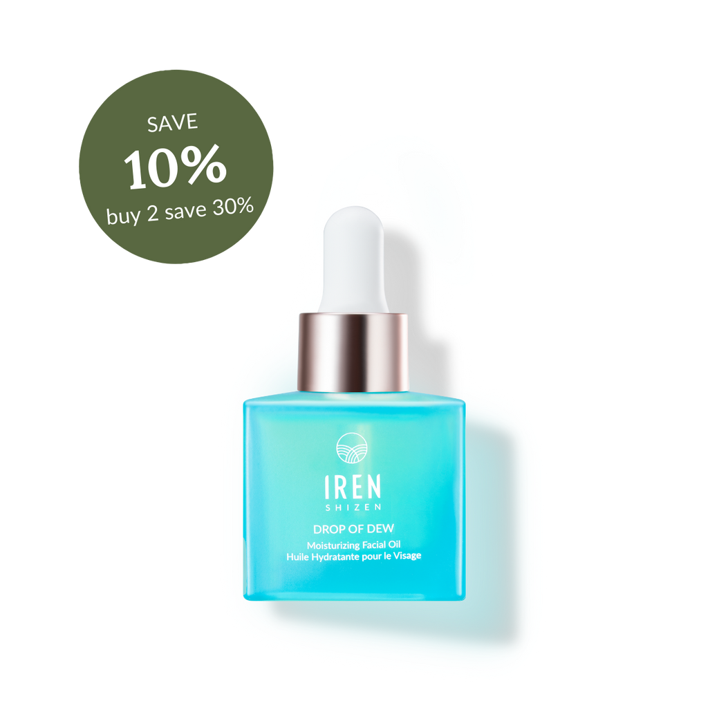 Promotional image of a blue bottle of IREN Shizen DROP OF DEW Moisturizing Facial Oil with a "save 10% buy 2 save 30%" badge.