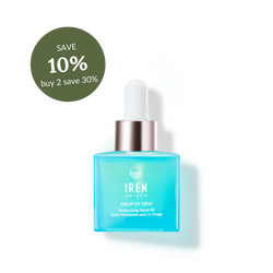 Promotional image of a blue bottle of IREN Shizen DROP OF DEW Moisturizing Facial Oil with a "save 10% buy 2 save 30%" badge.