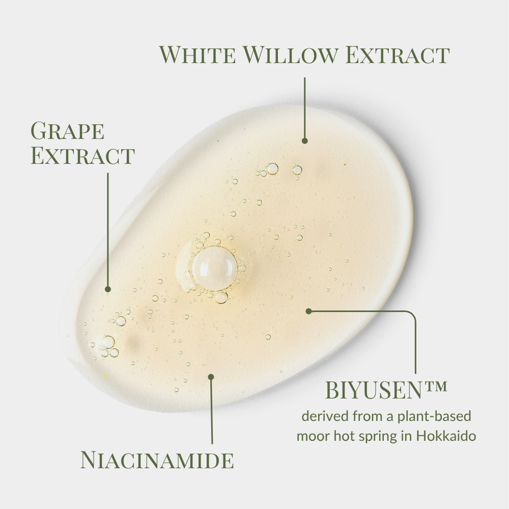 A drop of Fast Bundle’s Cloud Cleansing Kit serum—featuring white willow extract, grape extract, niacinamide, and BIYUSEN™ from Hokkaido—rests next to its gentle enzyme cleanser for a refined skincare routine.