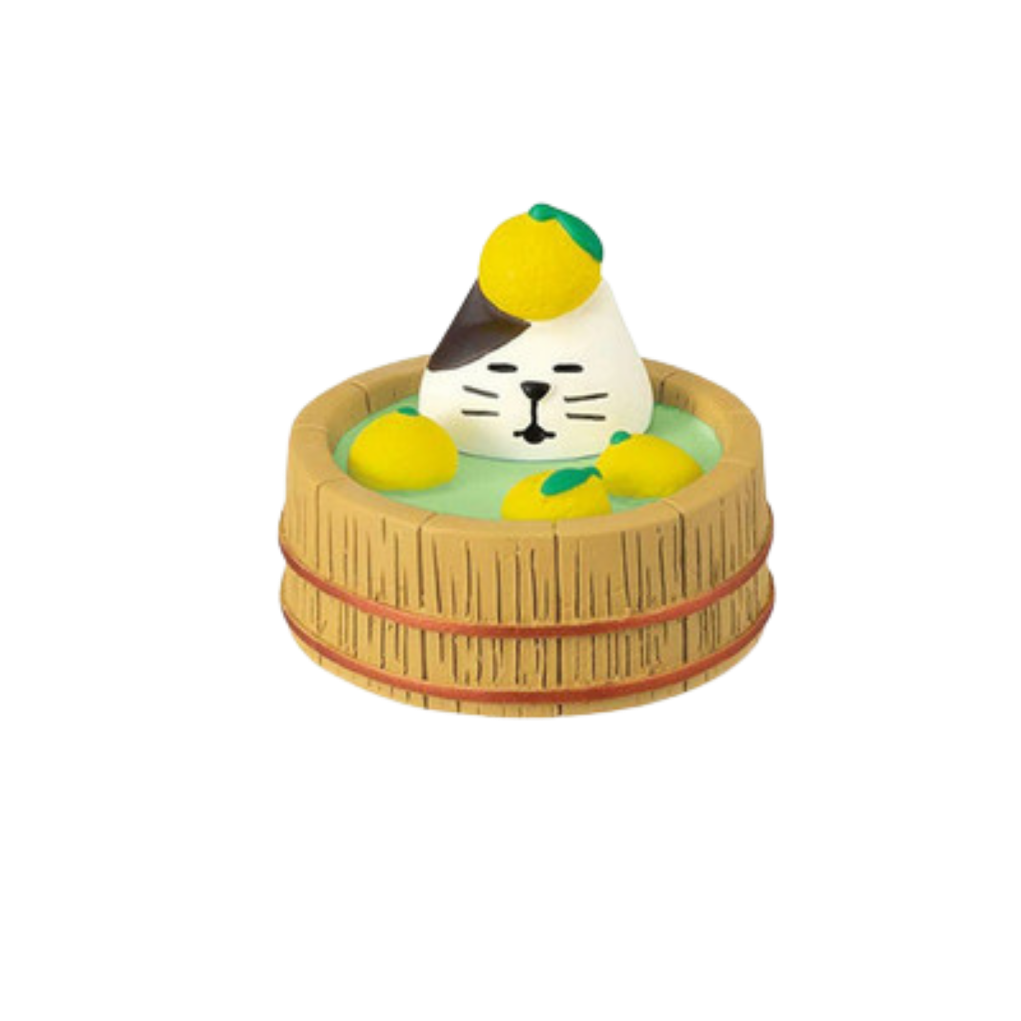 A white cat with a brown ear sits in a wooden barrel bath with yellow citrus fruits—perfect for fans of IREN Shizen's FREE GIFT Biyu Neko Blind Box collectible figurines.