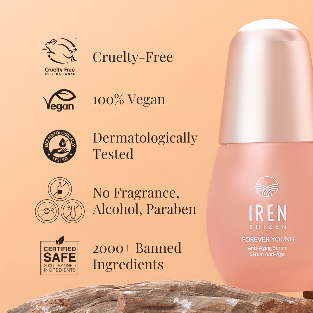 A bottle of IREN Shizen FOREVER YOUNG Anti-Aging Serum, a peptide-powered youth serum, comes with various certifications including Cruelty-Free, Vegan, Dermatologically Tested, No Fragrance, Alcohol-Free, Paraben-Free, and Certified Safe.