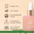 A bottle of BLOOM OF YOUTH Restoring Facial Oil by IREN Shizen, featuring lightweight oil with natural ingredients for skin renewal, is displayed with icons indicating that it is cruelty-free, vegan, dermatologically tested, fragrance-free, and contains over 2000 banned ingredients. all-groups