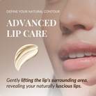 Close-up of a woman's smooth lower face and lips, with text on advanced care and a cream smear, highlighting how IREN Shizen TIMELESS ELIXIR Multi-Lift Eye and Lip Cream reduces dark circles for a rejuvenated look.