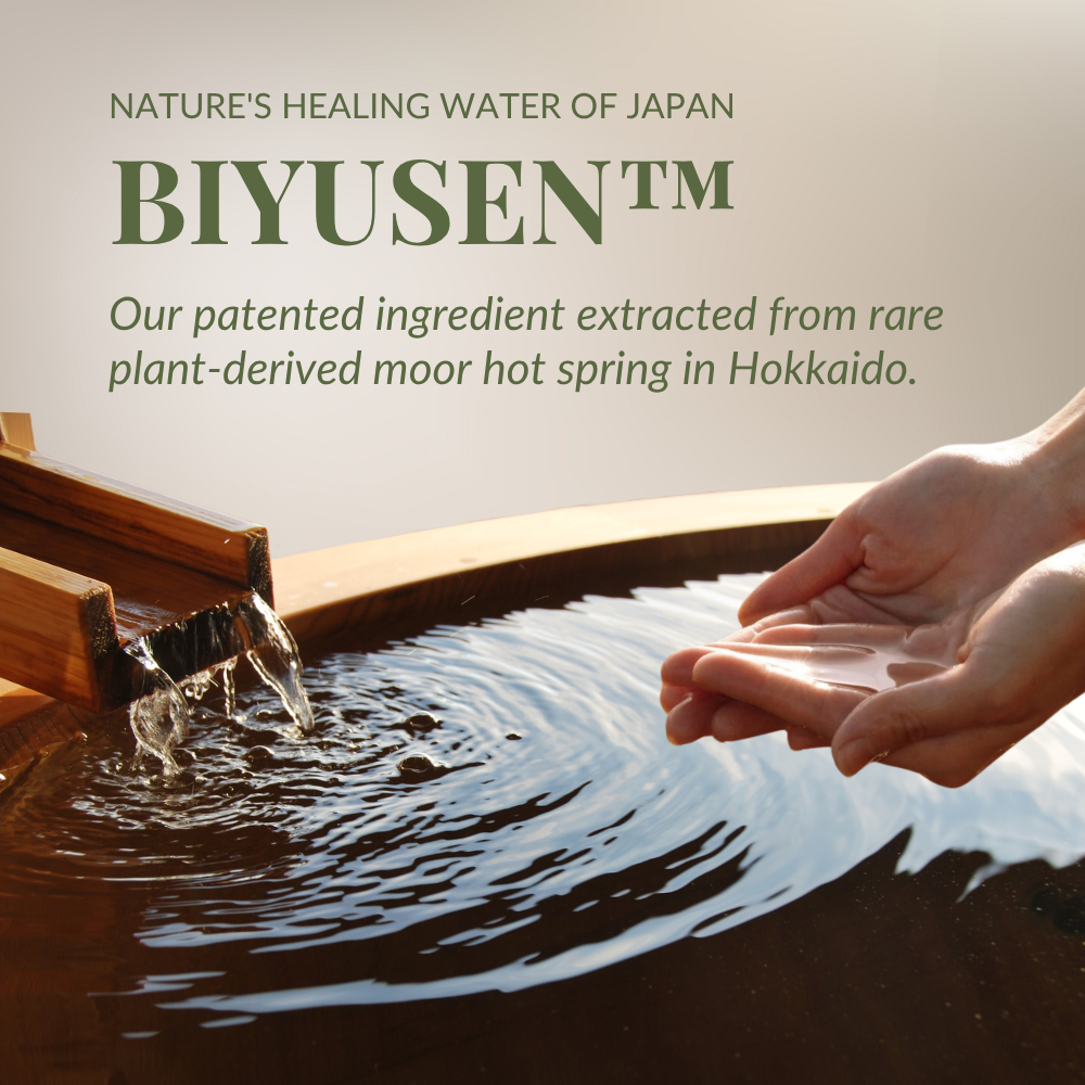 A person holds water above a wooden basin as water flows from a spout, with text about FOREVER YOUNG Anti-Aging Serum by IREN Shizen, featuring Biyusen™ from Hokkaido hot springs to support collagen for youthful skin. #show-lang-en
