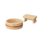 A small beige wood-style tub and matching rectangular stool from IREN Shizen, perfect for showcasing the FREE GIFT Biyu Neko Blind Box collectible cat figurines, set against a plain white background.