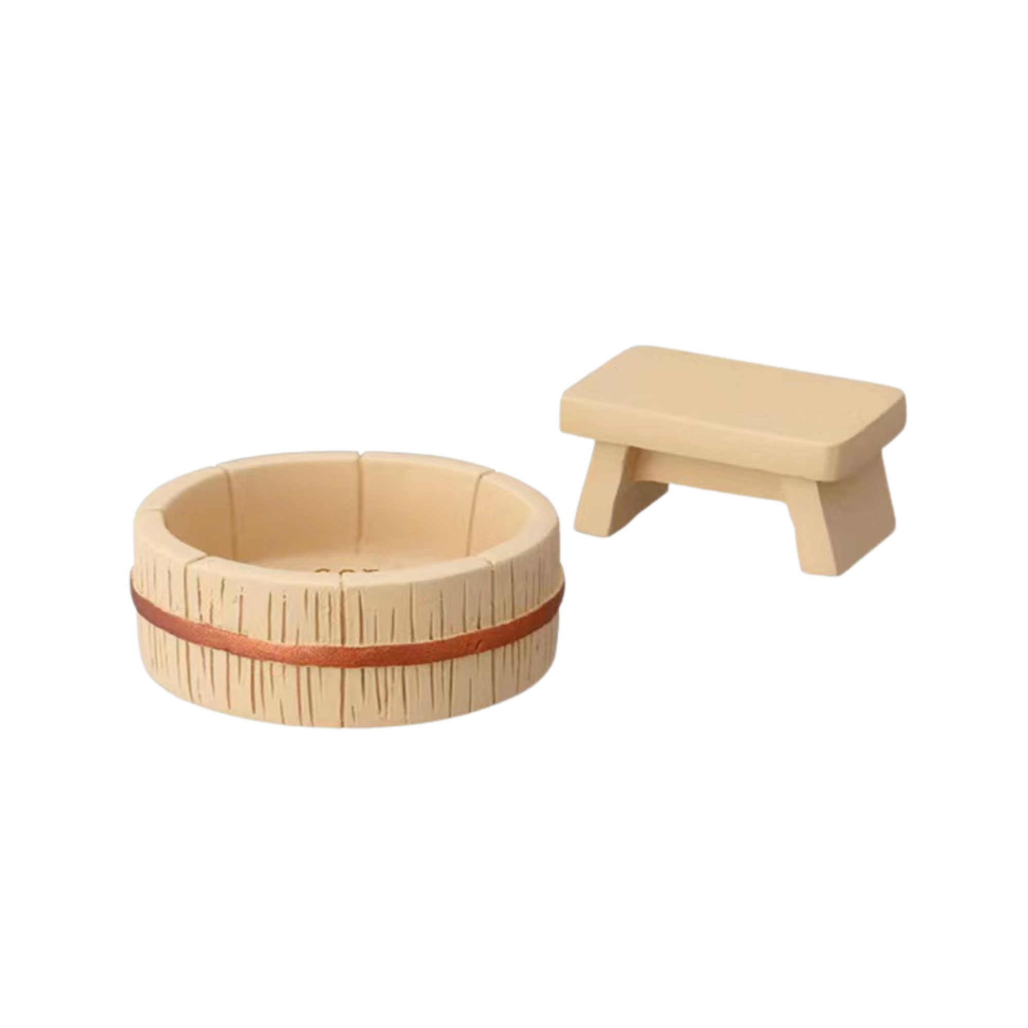 A small beige wood-style tub and matching rectangular stool from IREN Shizen, perfect for showcasing the FREE GIFT Biyu Neko Blind Box collectible cat figurines, set against a plain white background.