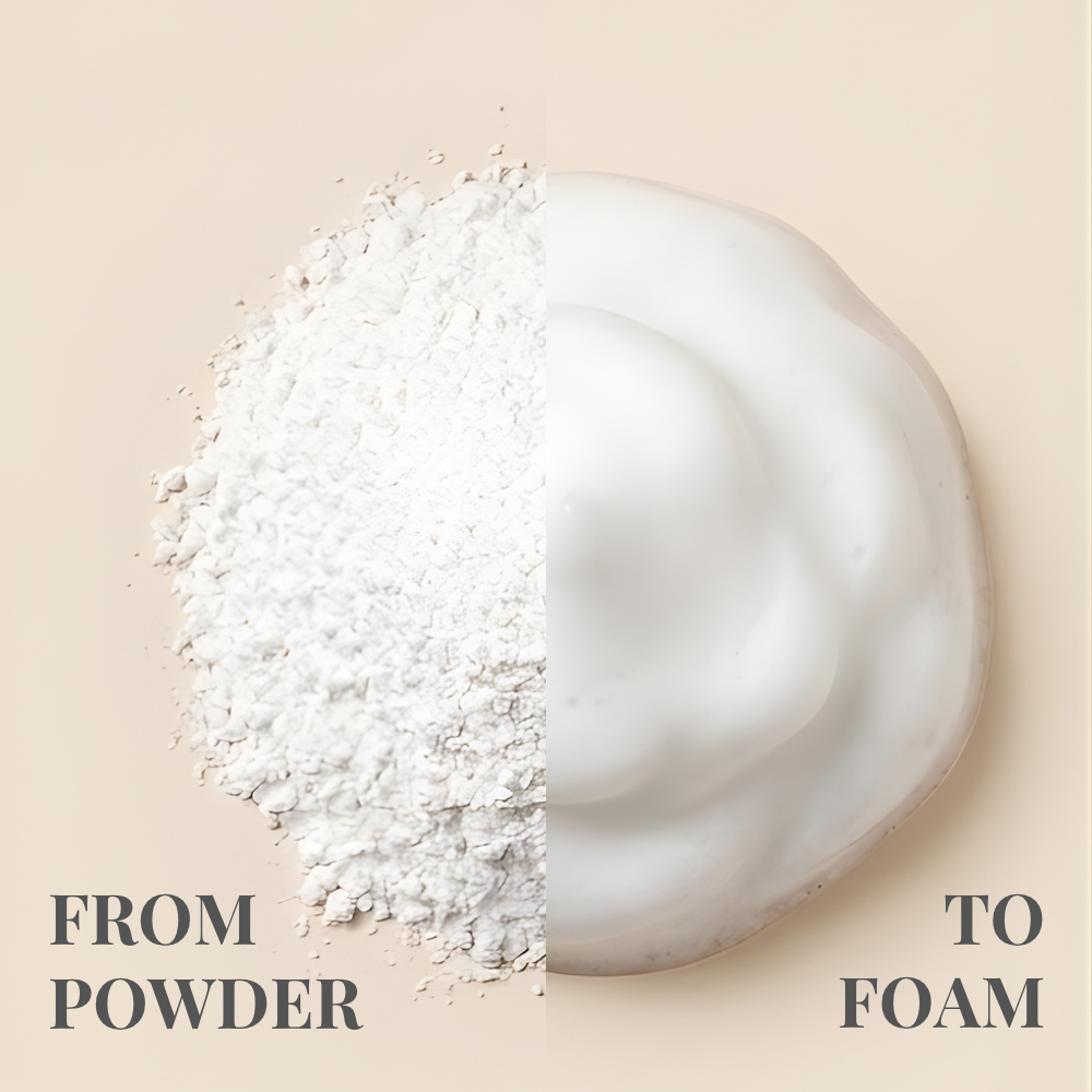 A pile of Cloud Cleansing Kit powder by Fast Bundle on the left transforms into white foam on the right, with "FROM POWDER TO FOAM" text at the bottom.