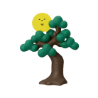 A stylized tree with green leaves and a brown trunk stands before a yellow sun with a simple, smiling face, accompanied by IREN Shizen's FREE GIFT Biyu Neko Blind Box collectible cat figurines.
