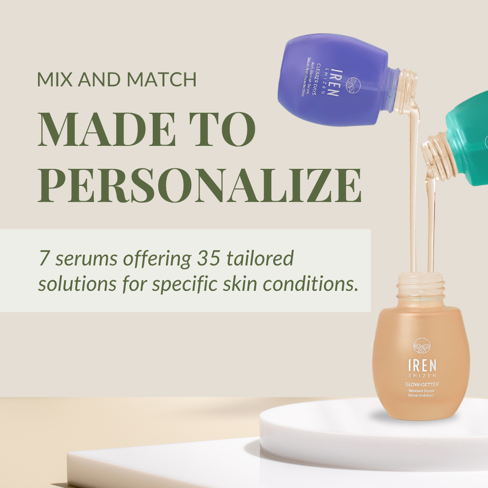 Two IREN Shizen bottles pour serum into a third on a tray, highlighting the FOREVER YOUNG Anti-Aging Serum, customizable for specific skin needs like boosting collagen and targeting signs of aging. #show-lang-en