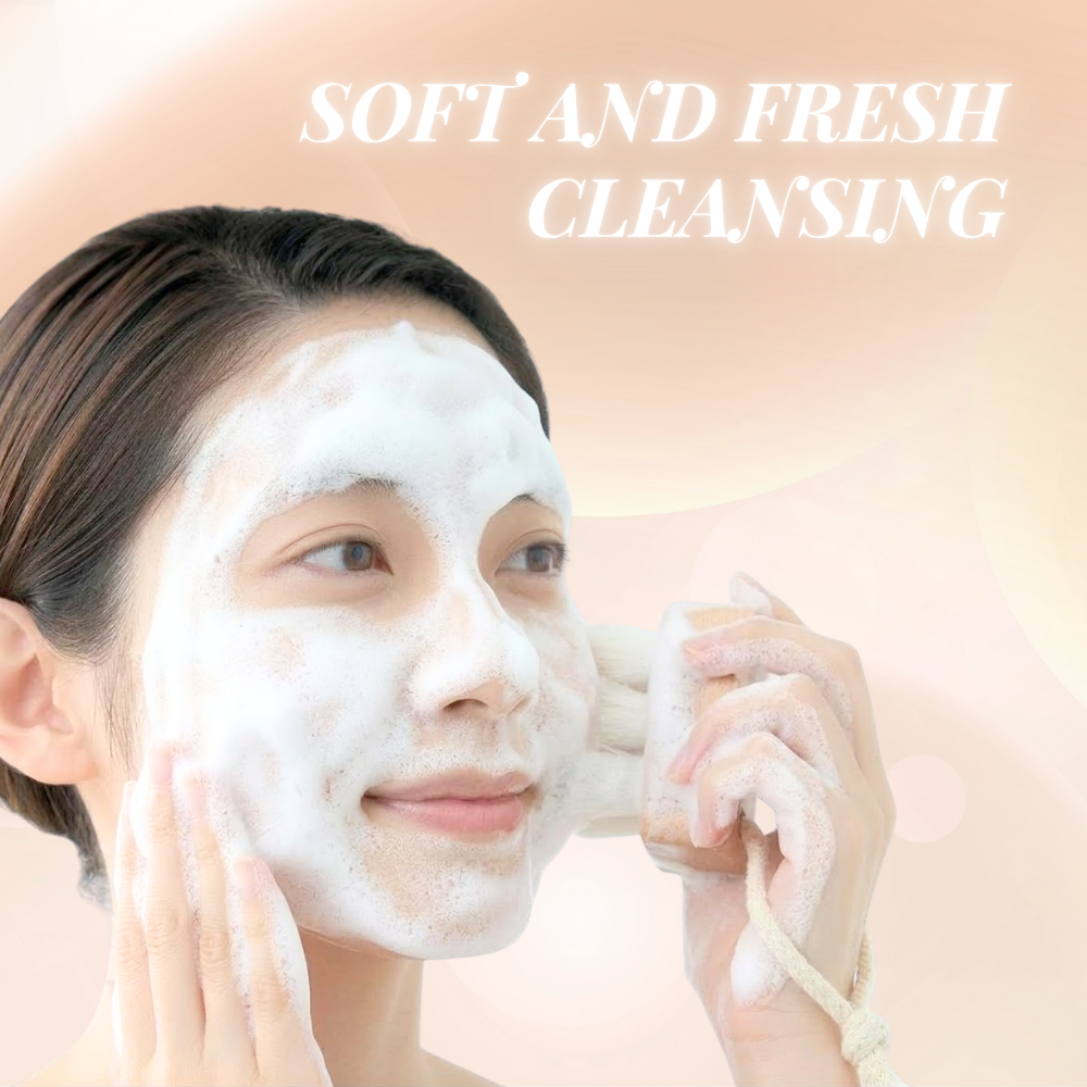 A person uses the Fast Bundle Cloud Cleansing Kit, featuring a gentle enzyme cleanser and a facial cleansing brush. Text on image reads, "Soft and Fresh Cleansing.