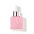 A pink glass dropper bottle of IREN Shizen BLOOM OF YOUTH Restoring Facial Oil, a lightweight oil with prebiotics and postbiotics for skin barrier repair, is displayed against a white background.