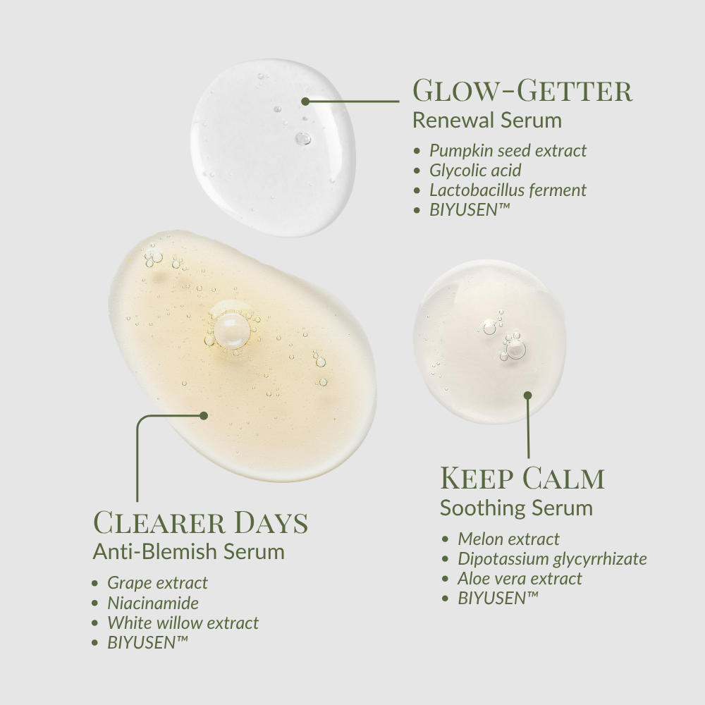 The IREN Shizen CLEAR UP Anti-Blemish Discovery Kit features three serum drops: Glow-Getter (Renewal Serum), Clearer Days (Anti-Blemish Serum), and Keep Calm (Soothing Serum), each with a list of key ingredients.