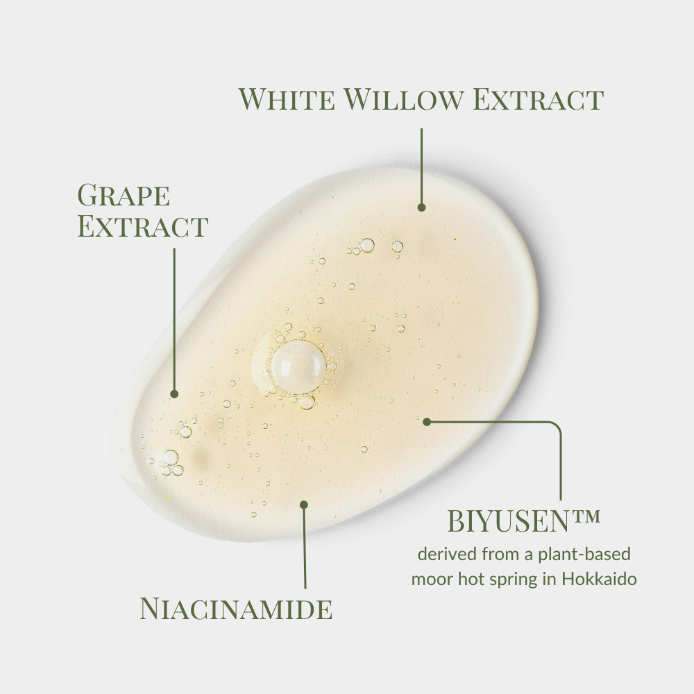 Iren Shizen’s CLEARER DAYS Anti-Blemish Serum is a clear niacinamide formula with a bubble, highlighting white willow and grape extracts plus BIYUSEN™ (from Hokkaido moor hot spring) to target acne and balance sebum.