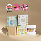 Three IREN Shizen DEW UP Hydrating Discovery Kits and a box of hydrating serum minis are displayed with floral decor, while award badges appear above the products.